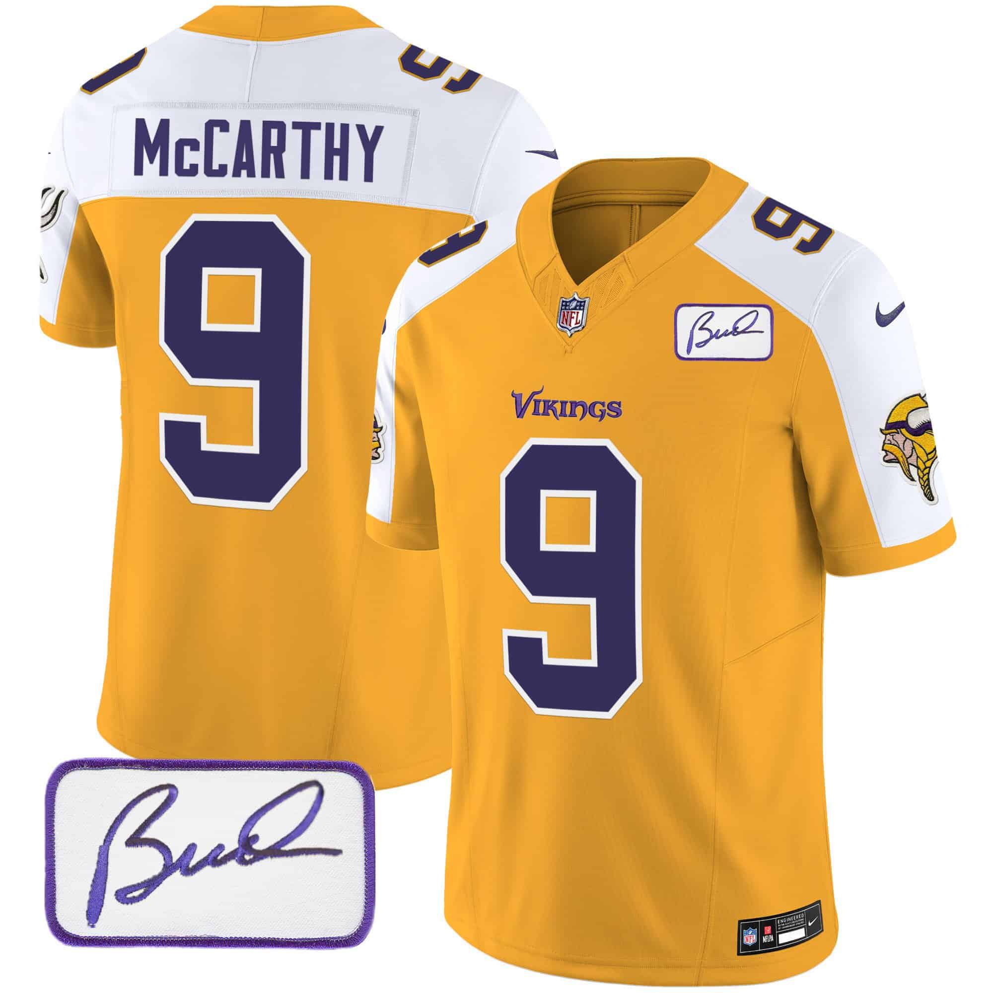 Men Minnesota Vikings #9 Mccarthy Yellow 2024 Nike Bud Grant Patch Classic Limited NFL Jersey